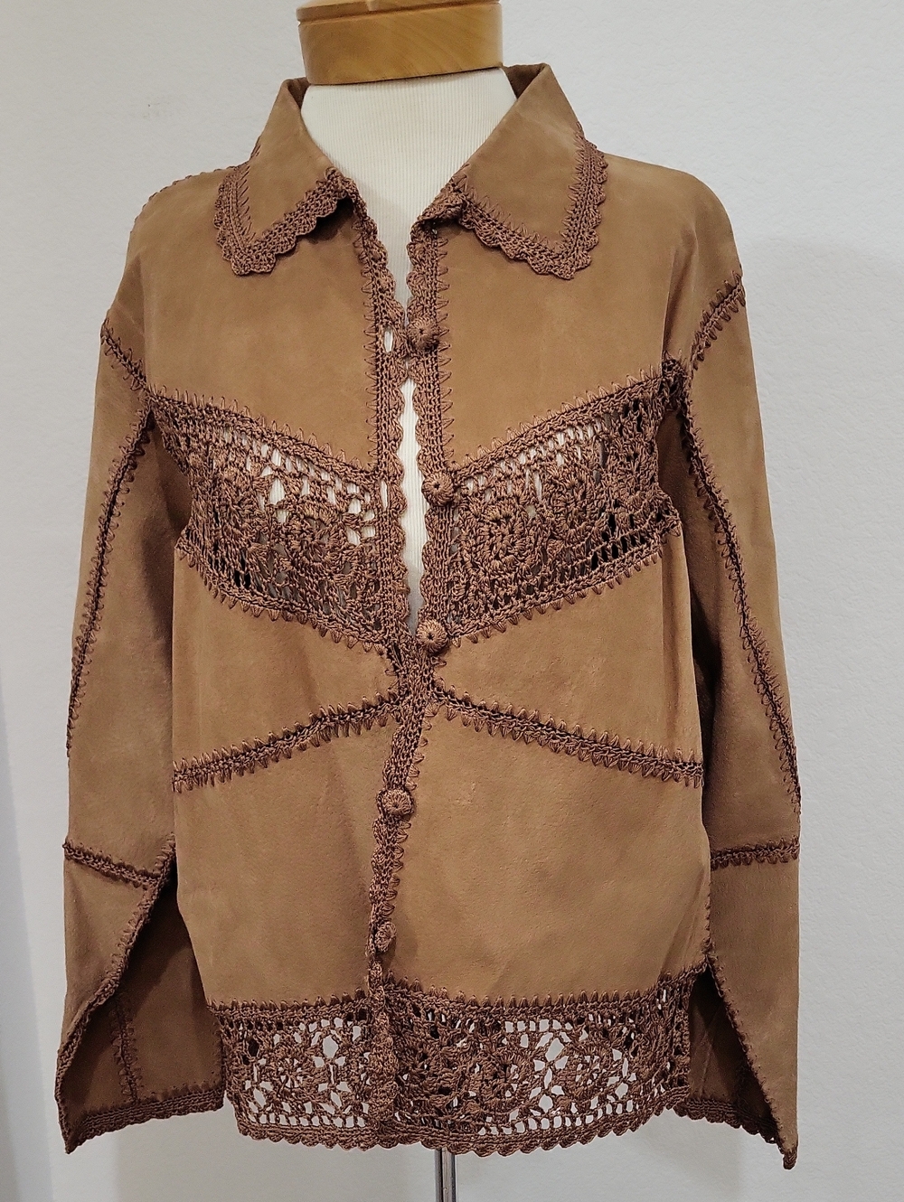 Women’s Crochet-Trim Suede Jacket - Brown